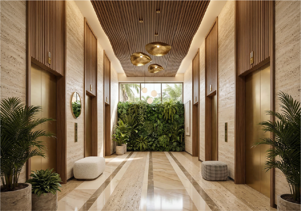 Hotel in Bello Horizonte Santa Marta with modern lobby, elevators and vertical garden at Nuruma Suites by Emerawa