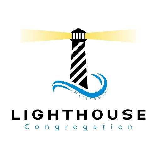 Black and white striped lighthouse with yellow light beams and blue waves. 