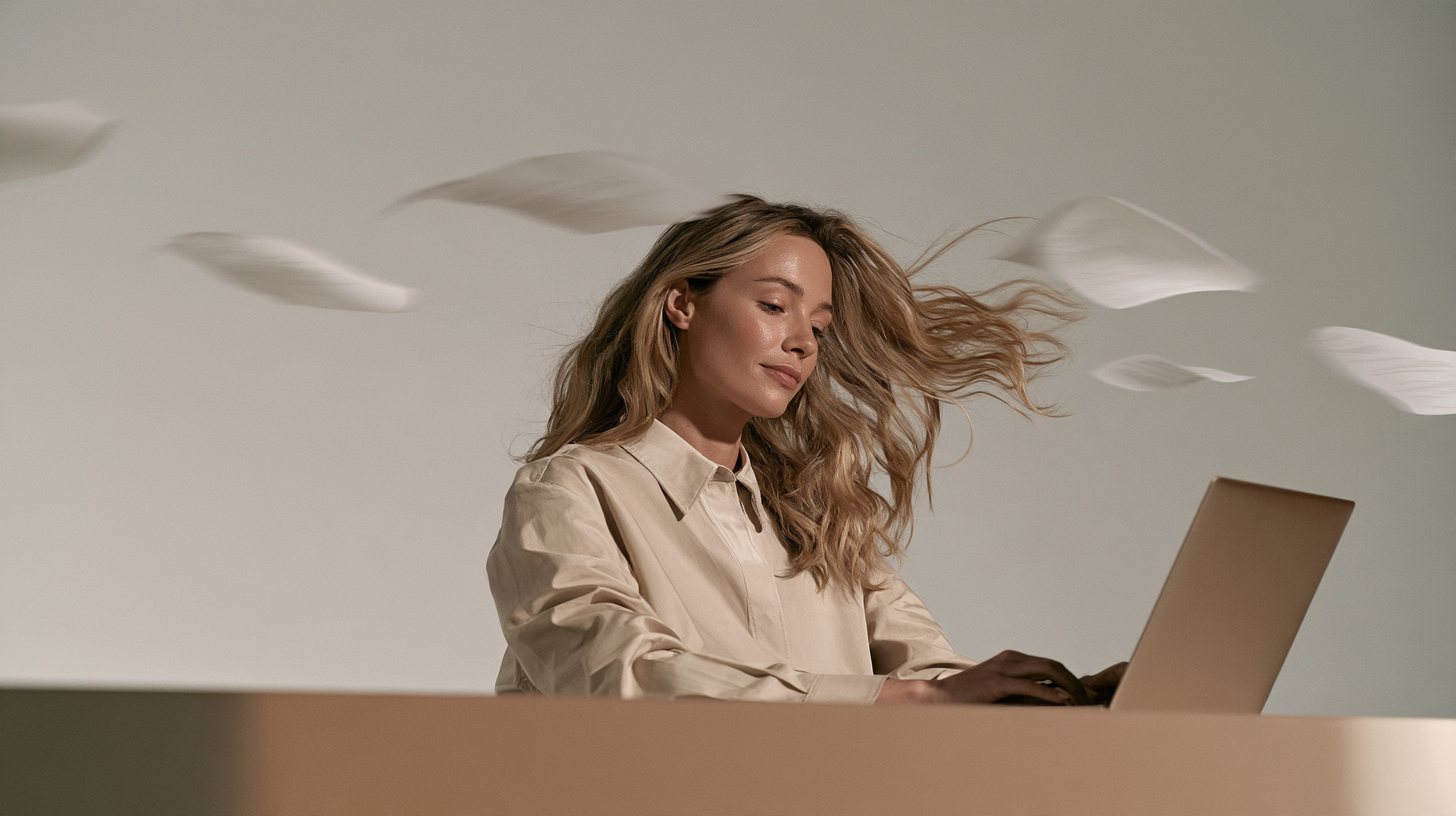 Person using a laptop at a desk with papers floating in the air