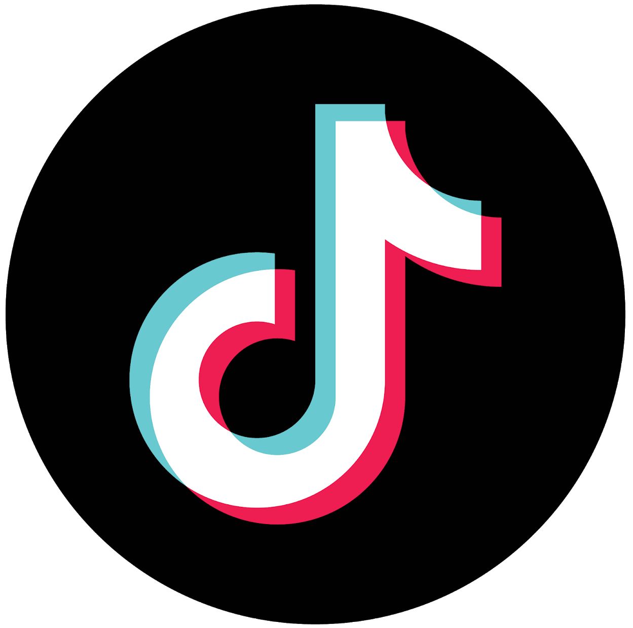 TikTok-Logo in Weiß mit cyanfarbenen und pinkfarbenen Akzenten auf schwarzem Kreishintergrund