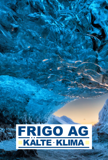 Blaue Eishöhle mit dem Logo der FRIGO AG KÄLTE · KLIMA am Boden