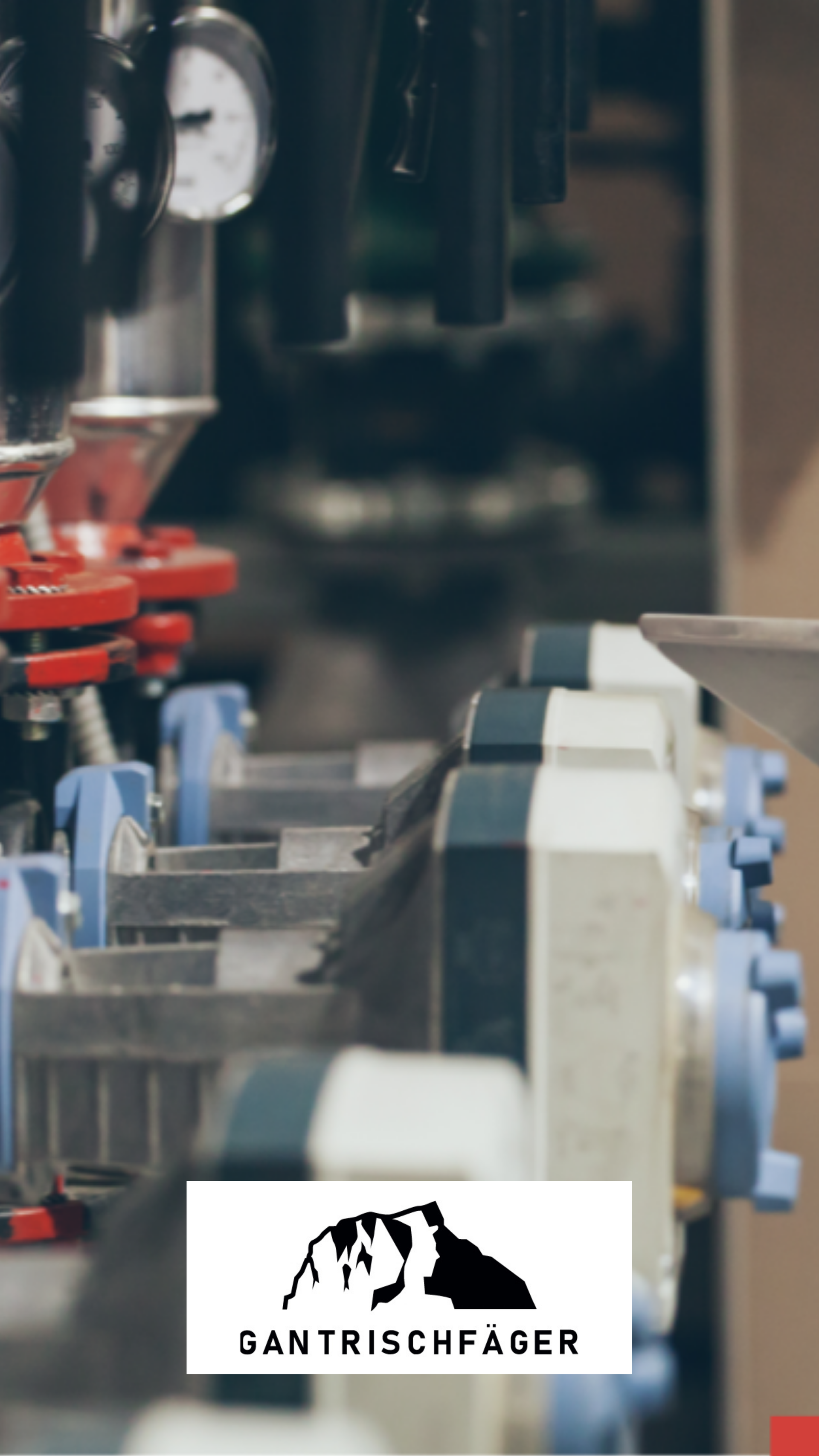Nahaufnahme einer Industriemaschine mit roten, blauen und grauen Metallkomponenten in einer Fabrikumgebung