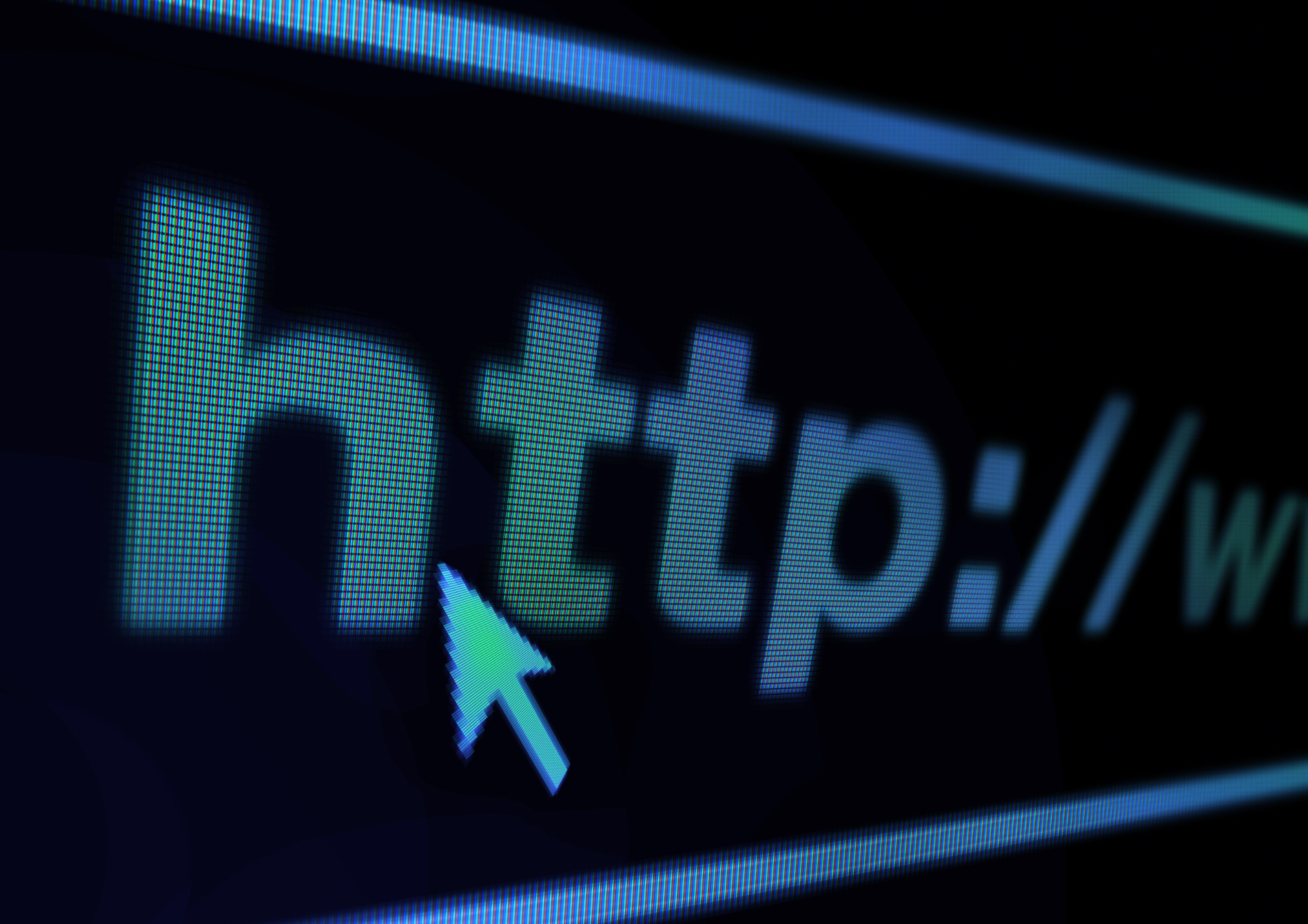 Cursor on a glowing “http://” web address on a dark screen