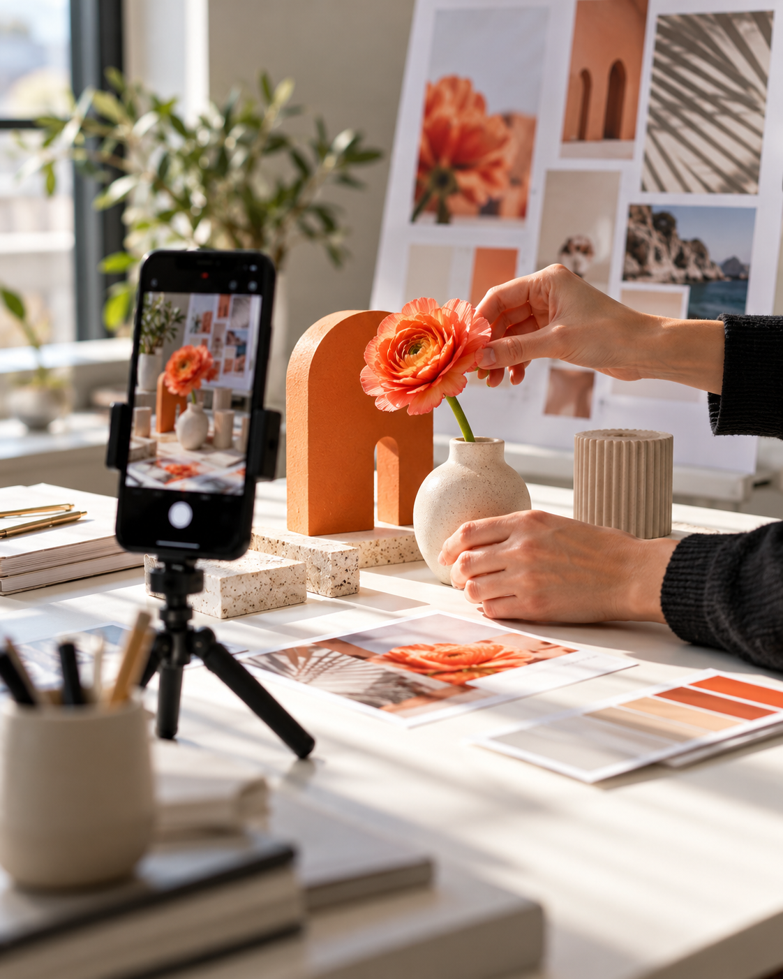 Hands arranging an orange flower beside a phone on a tripod, with color swatches and design boards on a desk.