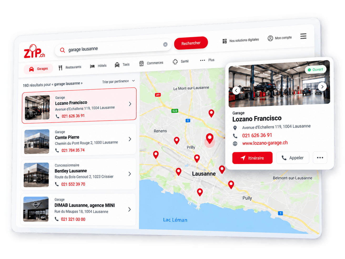 Interface de l’annuaire suisse ZIP.ch affichant les résultats de recherche de garages à Lausanne, avec une carte interactive, la localisation des entreprises et leurs coordonnées.