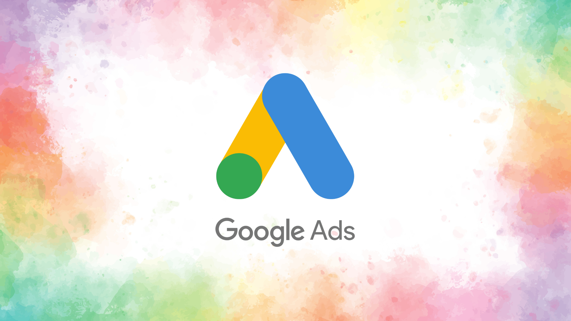 Google Ads logo on a colorful, watercolor-style background. The logo features a blue, yellow, and green 