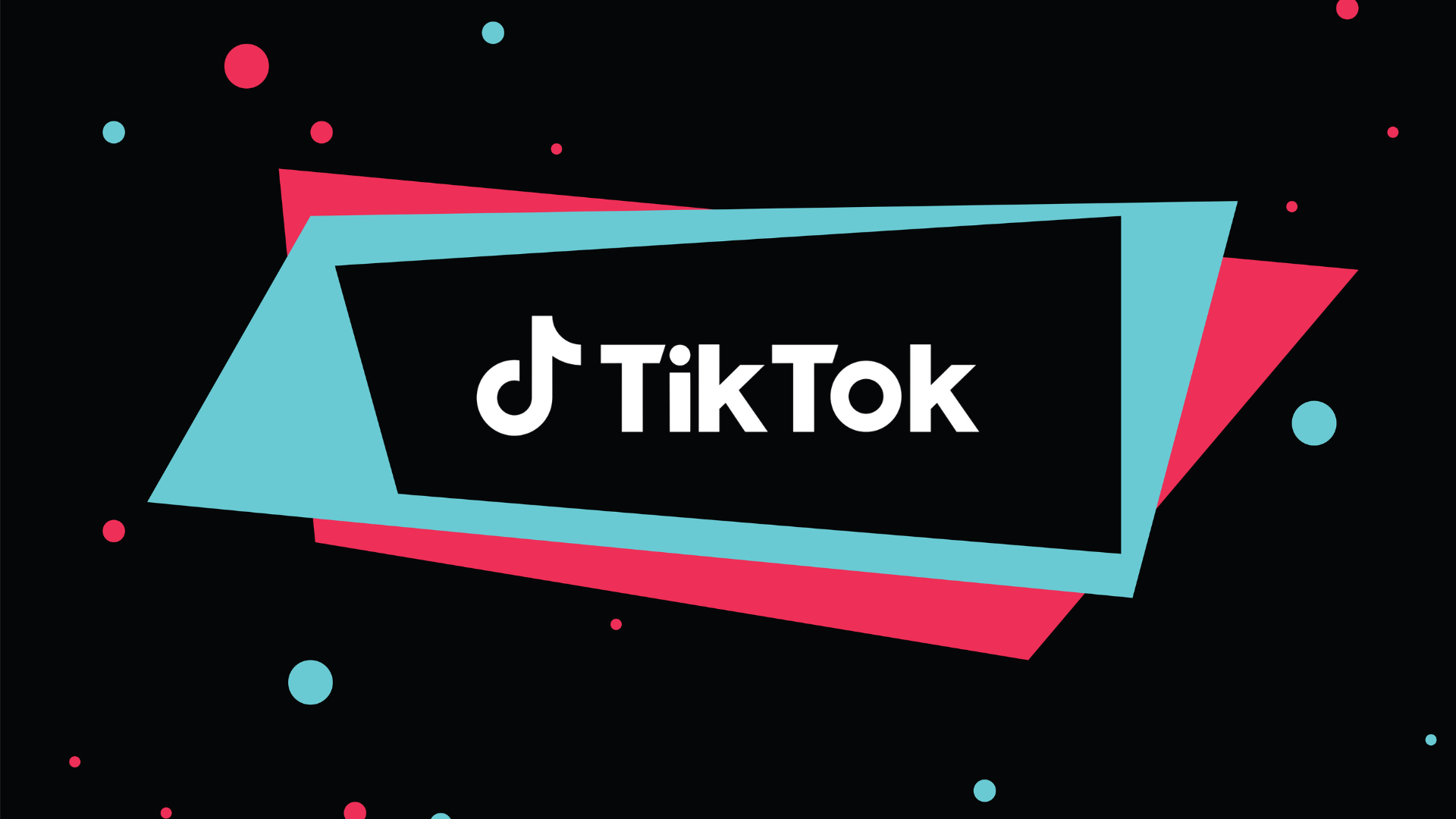 TikTok logo on black background with blue, red, and pink shapes and dots.