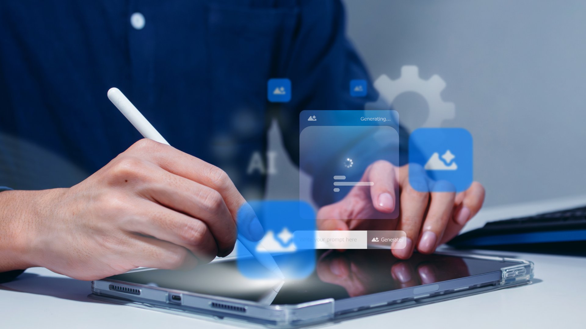 Hands using a stylus on a tablet with floating AI icons and a digital interface