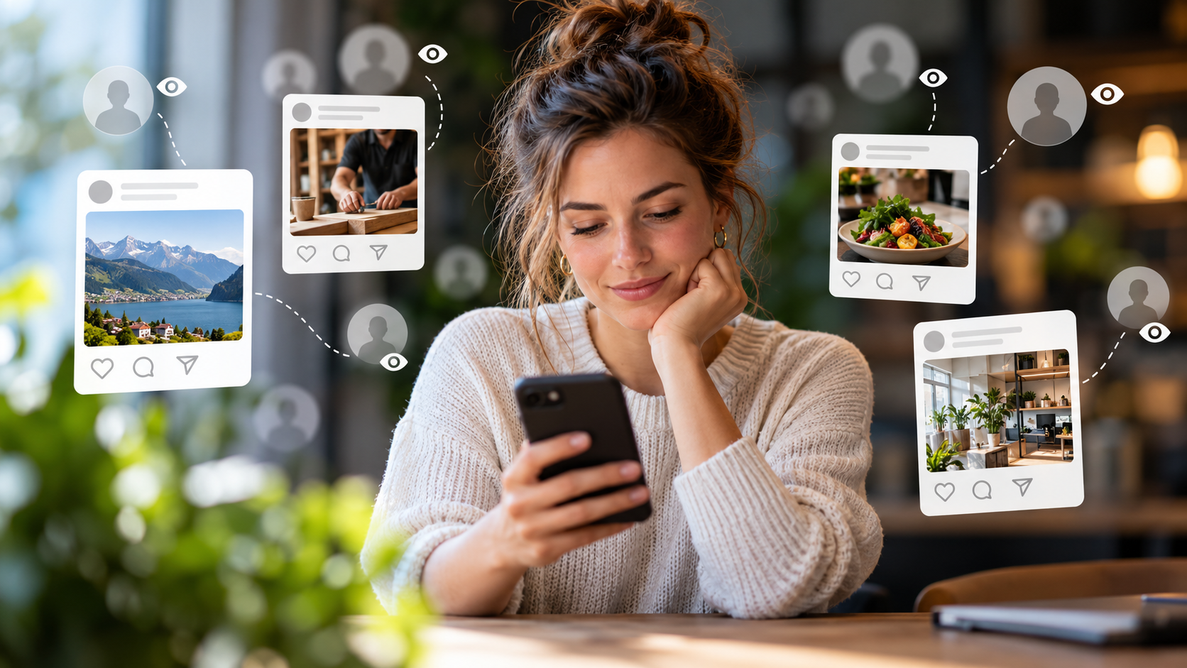 Woman smiling at a phone with floating social media posts around her in a cozy café