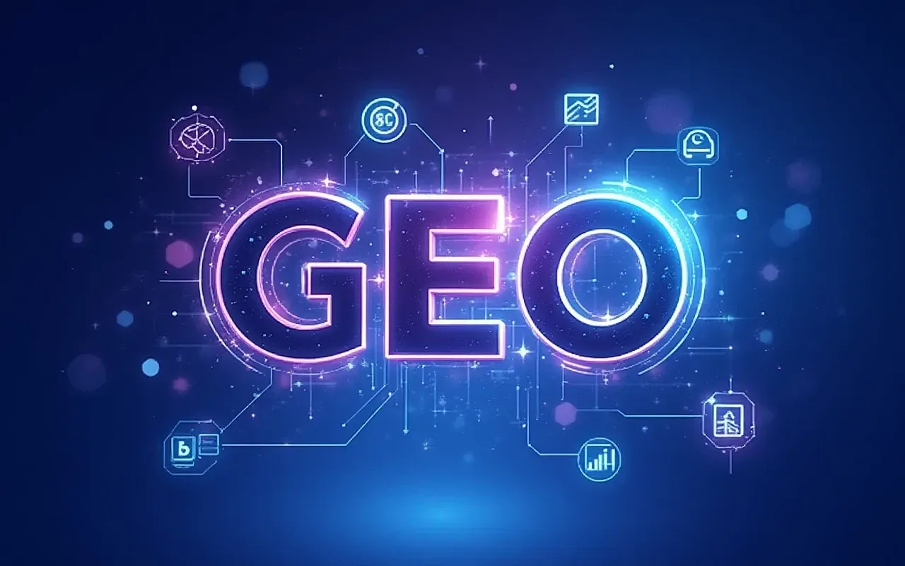 Glowing neon “GEO” text on a blue digital background with connected tech icons