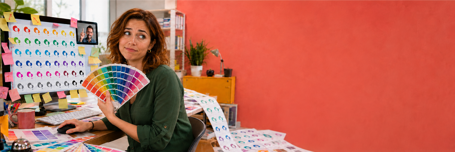 Une femme tenant un nuancier de couleurs dans un studio de design lumineux, avec des palettes de couleurs affichées au mur