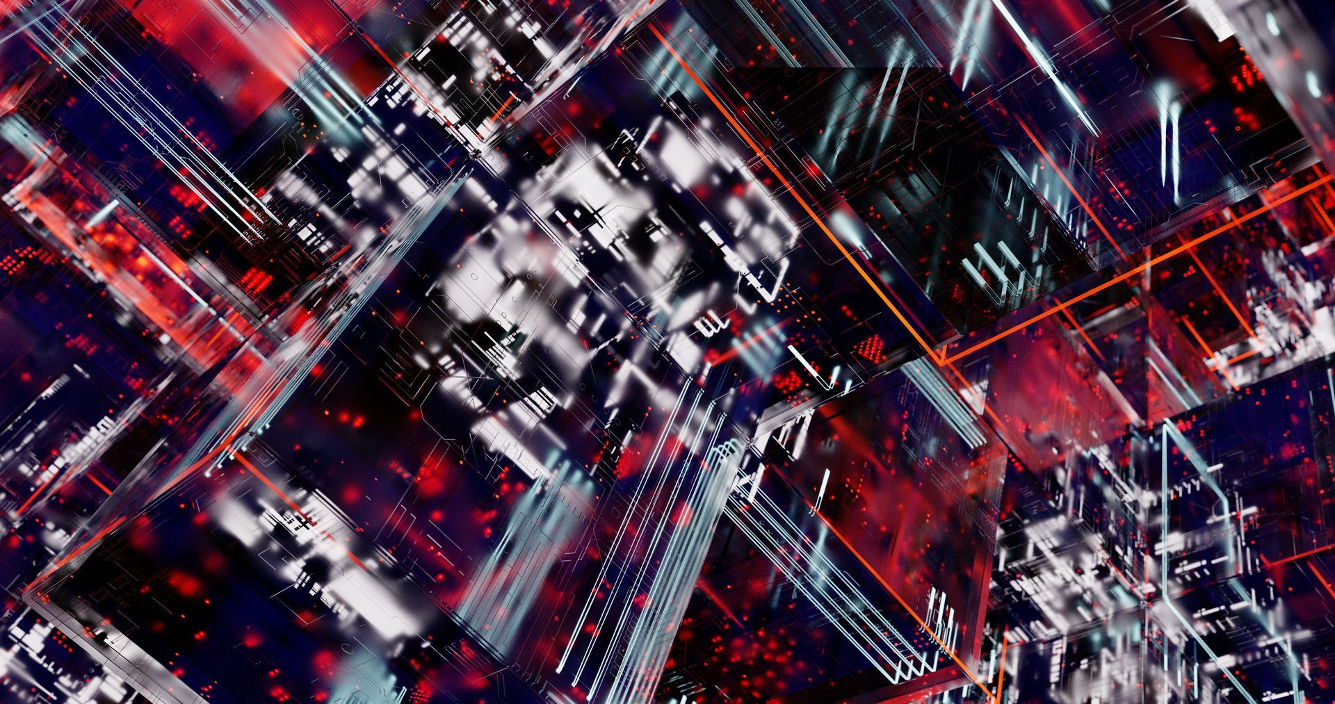 Abstract red, white, and blue geometric light streaks forming a dynamic digital pattern
