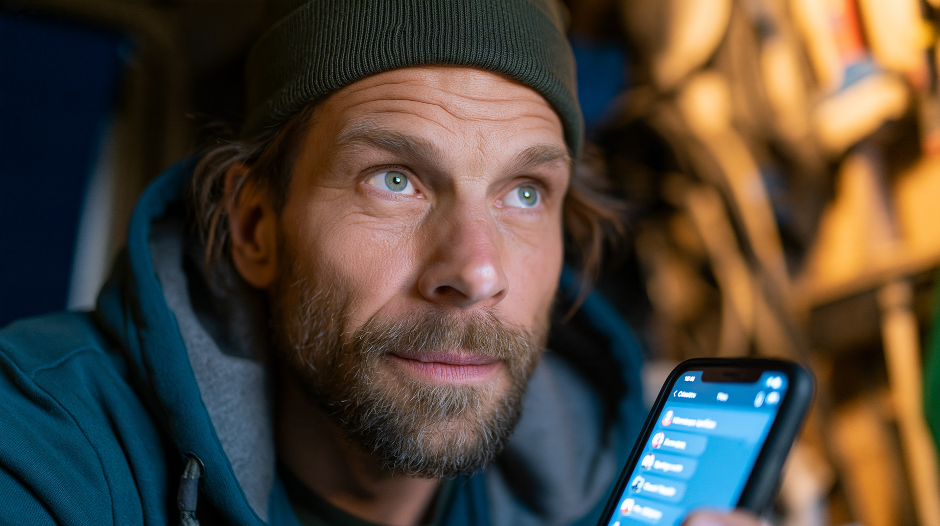 Man in knit cap and blue jacket looking at a smartphone, with warm lights blurred in the background