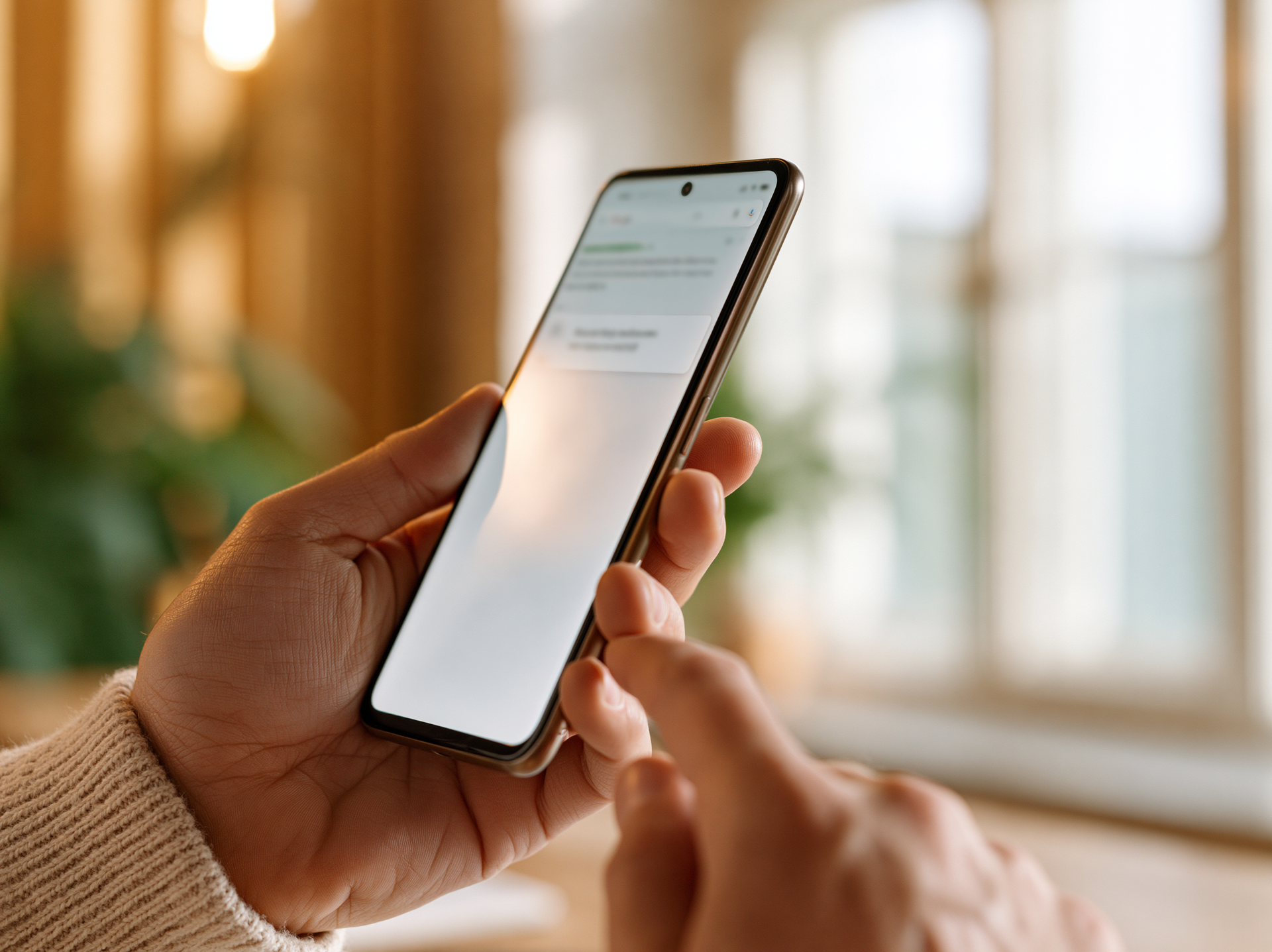 Hands holding a smartphone with a blank white screen indoors near a window
