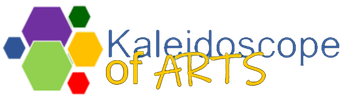 Logo for Kaleidoscope of Arts featuring a cluster of colorful hexagons next to the text in blue and yellow.