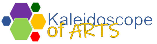 Logo for Kaleidoscope of Arts featuring a cluster of colorful hexagons next to the text in blue and yellow.