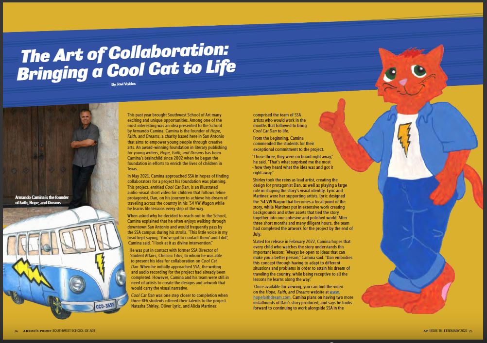 Article page featuring a man, a painted bus, and a red cartoon cat mascot, with the title 