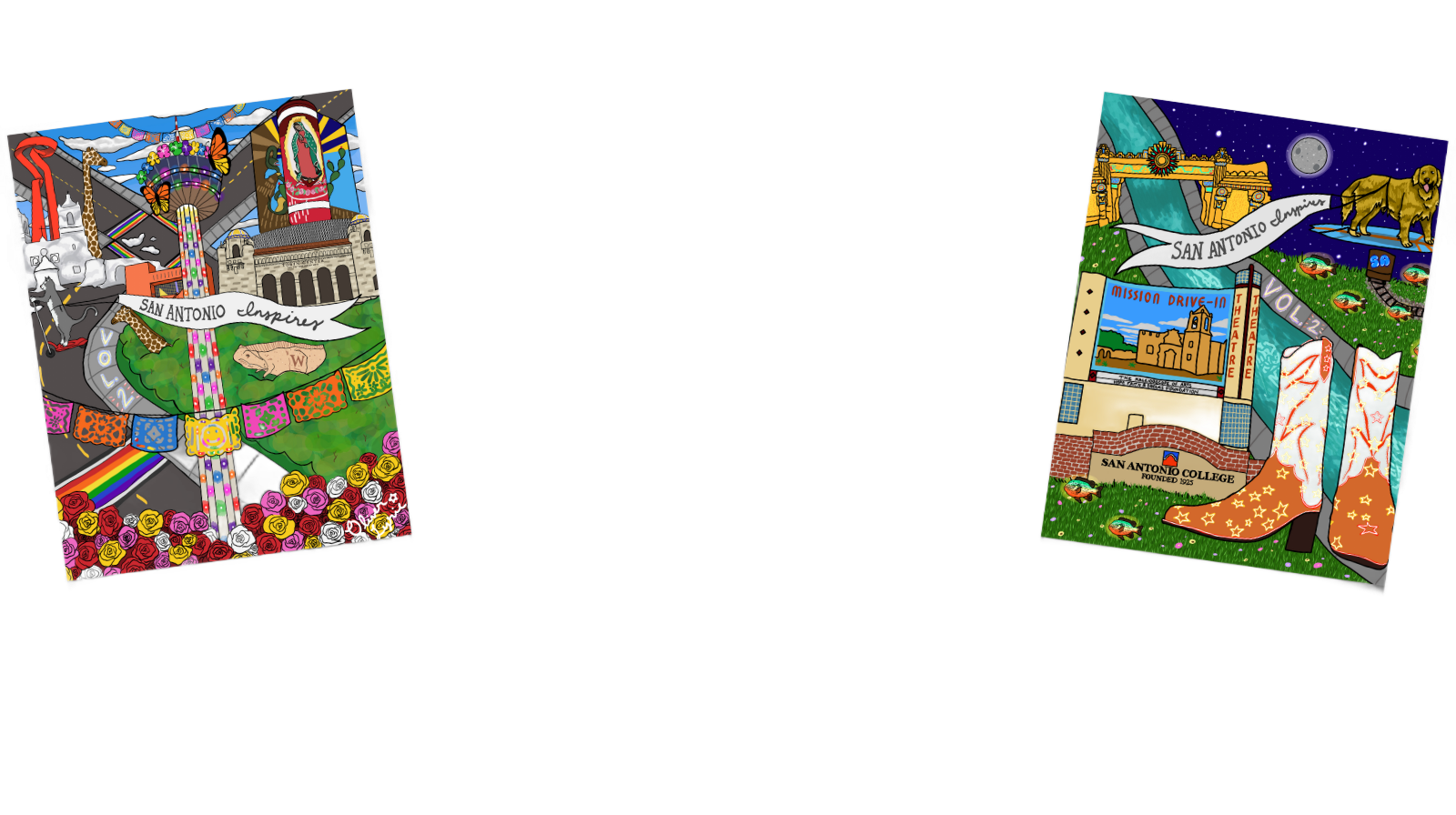 Two colorful illustrations side-by-side: a daytime carnival scene on the left and a starry night desert scene on the right.
