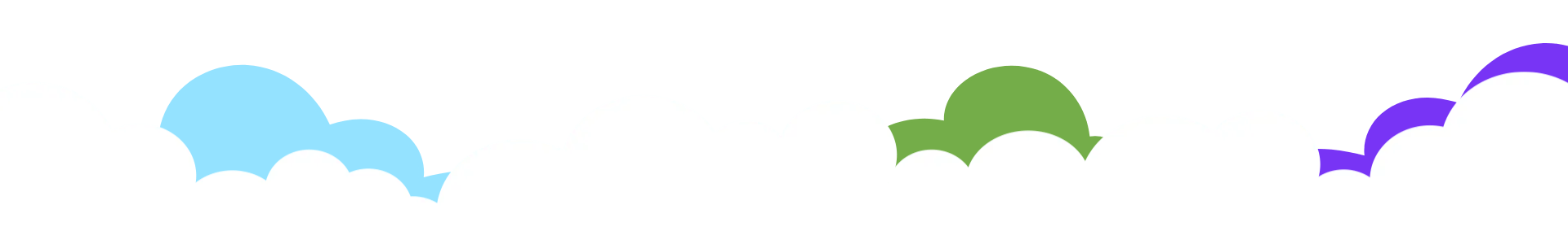Three irregular, rounded shapes in light blue, olive green, and dark purple, arranged in a horizontal row on a white background.
