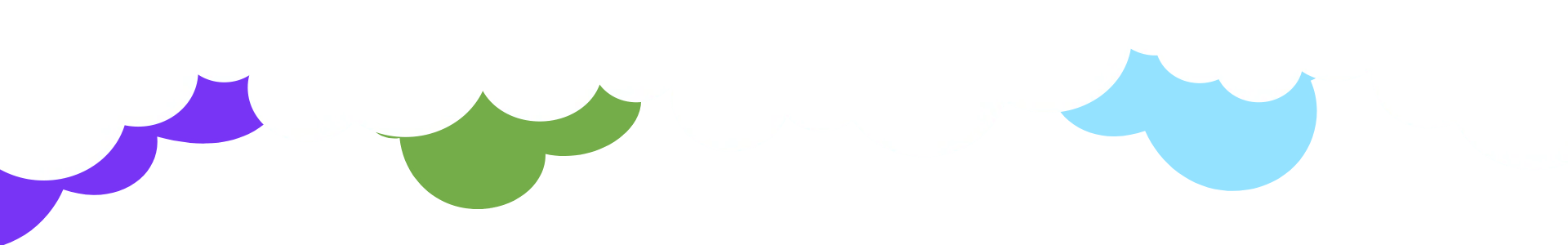 Three stylized shapes in purple, green, and light blue, each with wavy, curved edges, arranged horizontally.
