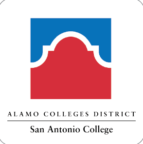 Logo for Alamo Colleges District and San Antonio College featuring a blue and red arched icon.