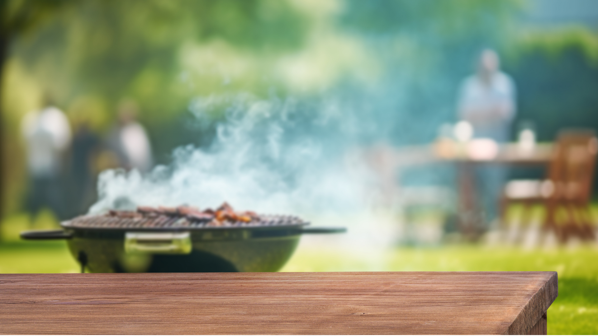 Smoky grill with food on a wooden picnic table in a green backyard garden