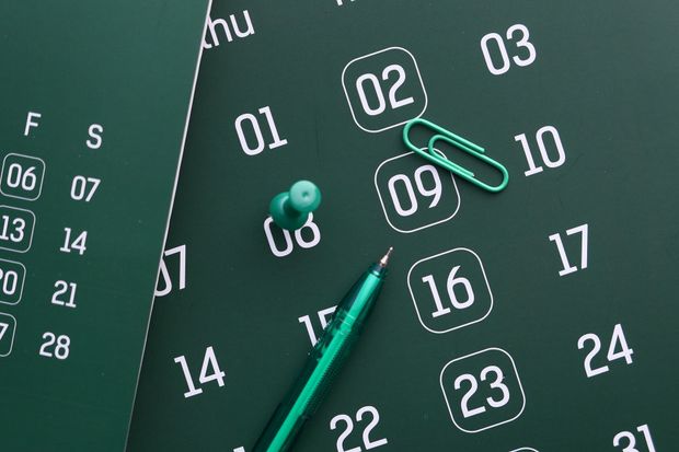 Green chalkboard-style calendar with pinned dates and a green pen marking the 16th.