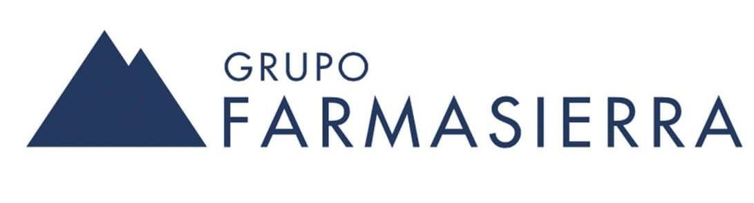 The logo for grupo farmasierra is a blue triangle with a mountain in the background.