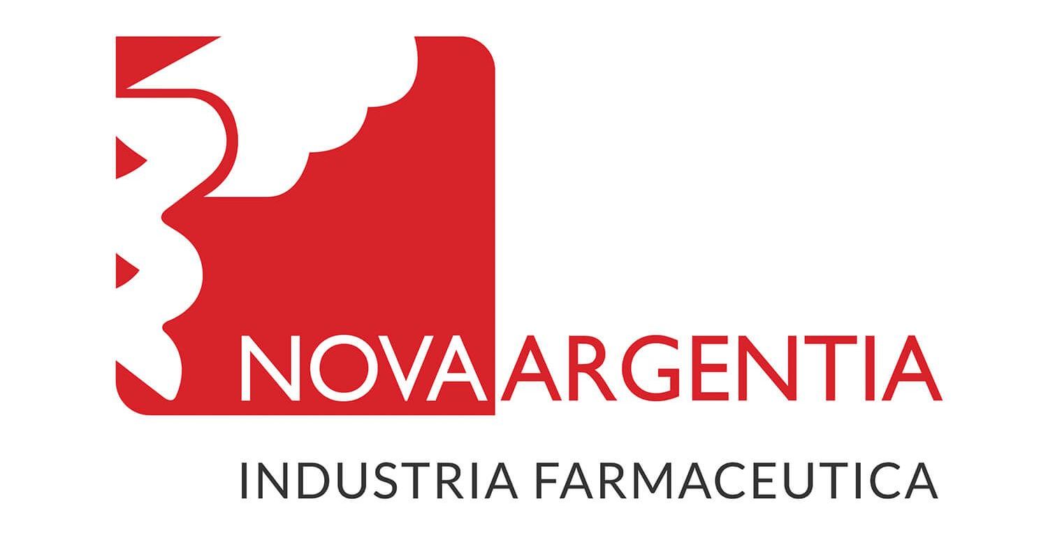 A red and white logo for nova argentia industria farmaceutica