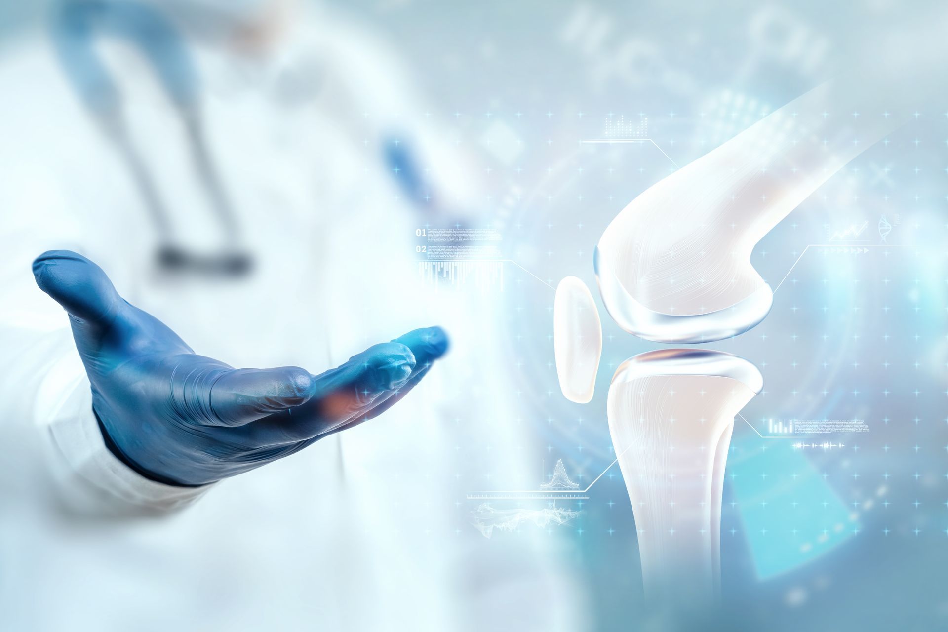 A doctor is holding out his hand towards a knee joint.