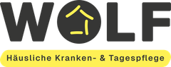 Logo für Wolf Häusliche Kranken- & Tagespflege. Der Schriftzug WOLF in Dunkelgrau mit einem gelben Haussymbol