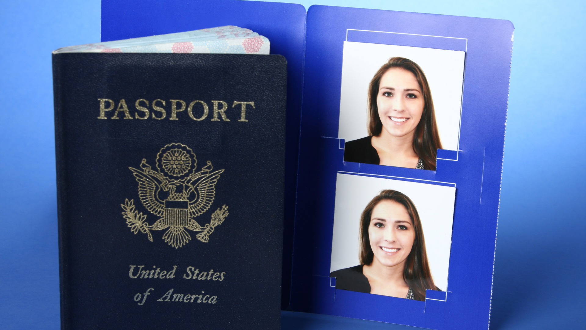 U.S. passport beside a blue photo ID holder with two portrait photos