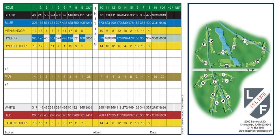 A scorecard and a map of a golf course