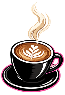 Steaming black coffee cup with latte art on a saucer, accented with pink handle and rim