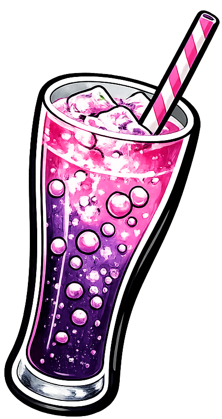 Pink soda in a glass with ice and a striped straw