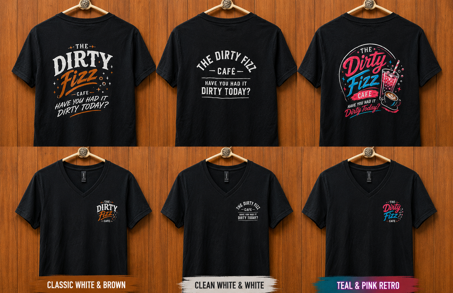 Six black graphic T-shirts with colorful “Dirty Fitz” designs on wooden hangers against a wood wall.