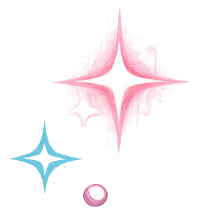 Pink and blue sparkles with a small pink ring on a white background