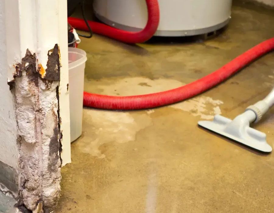 Water-damaged drywall at the base of a doorway next to a wet concrete floor and a vacuum hose in a utility room.