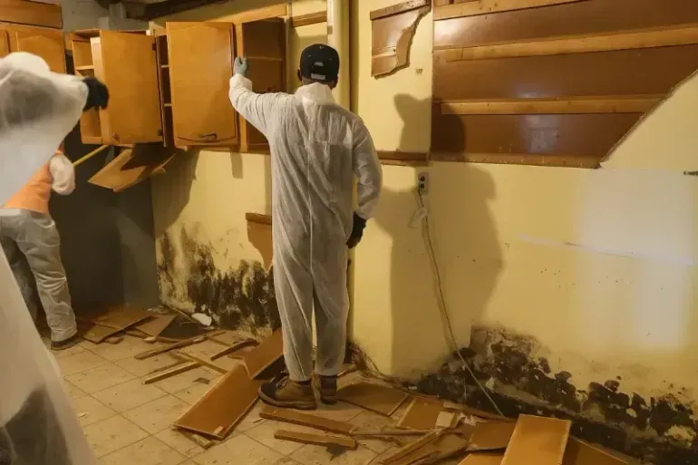 A person in a white hazmat suit and blue gloves uses a spray bottle to clean a dark kitchen countertop.