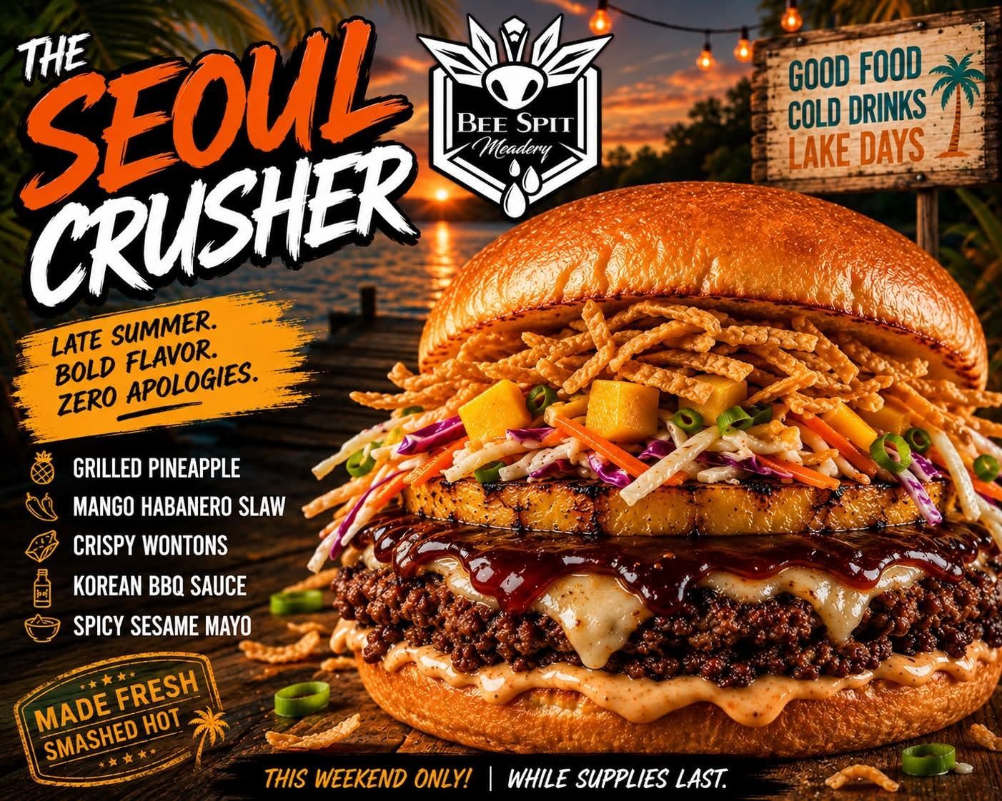 Double-patty burger with melted cheese and caramelized onions, with a beer. 