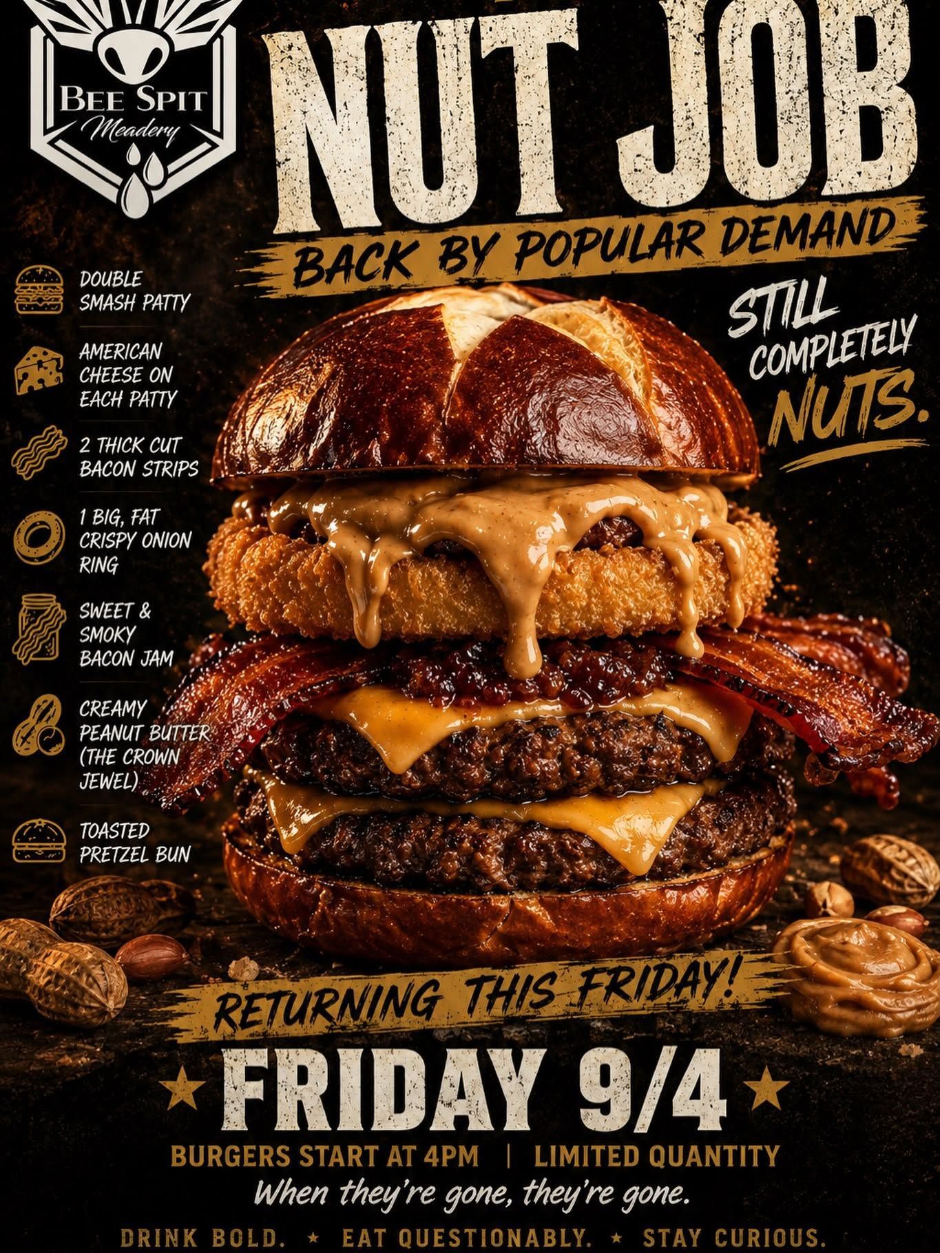 Double-patty burger with melted cheese and caramelized onions, with a beer. 