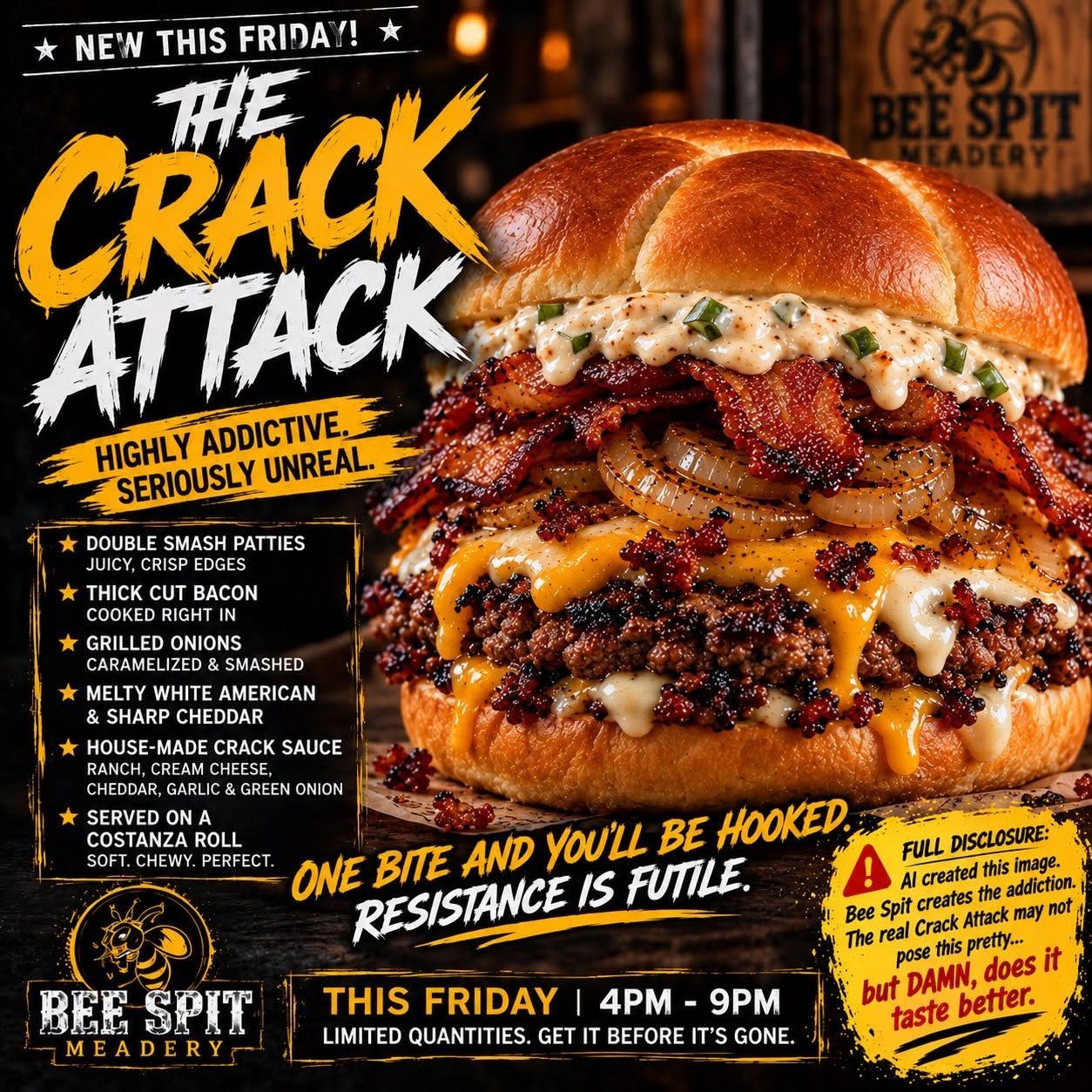 Double-patty burger with melted cheese and caramelized onions, with a beer. 