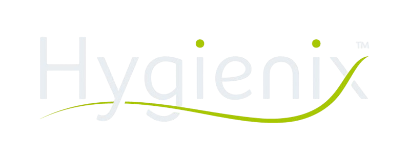 The Hygienix logo, with white text and a green smile graphic below, also including two green dots on the right.