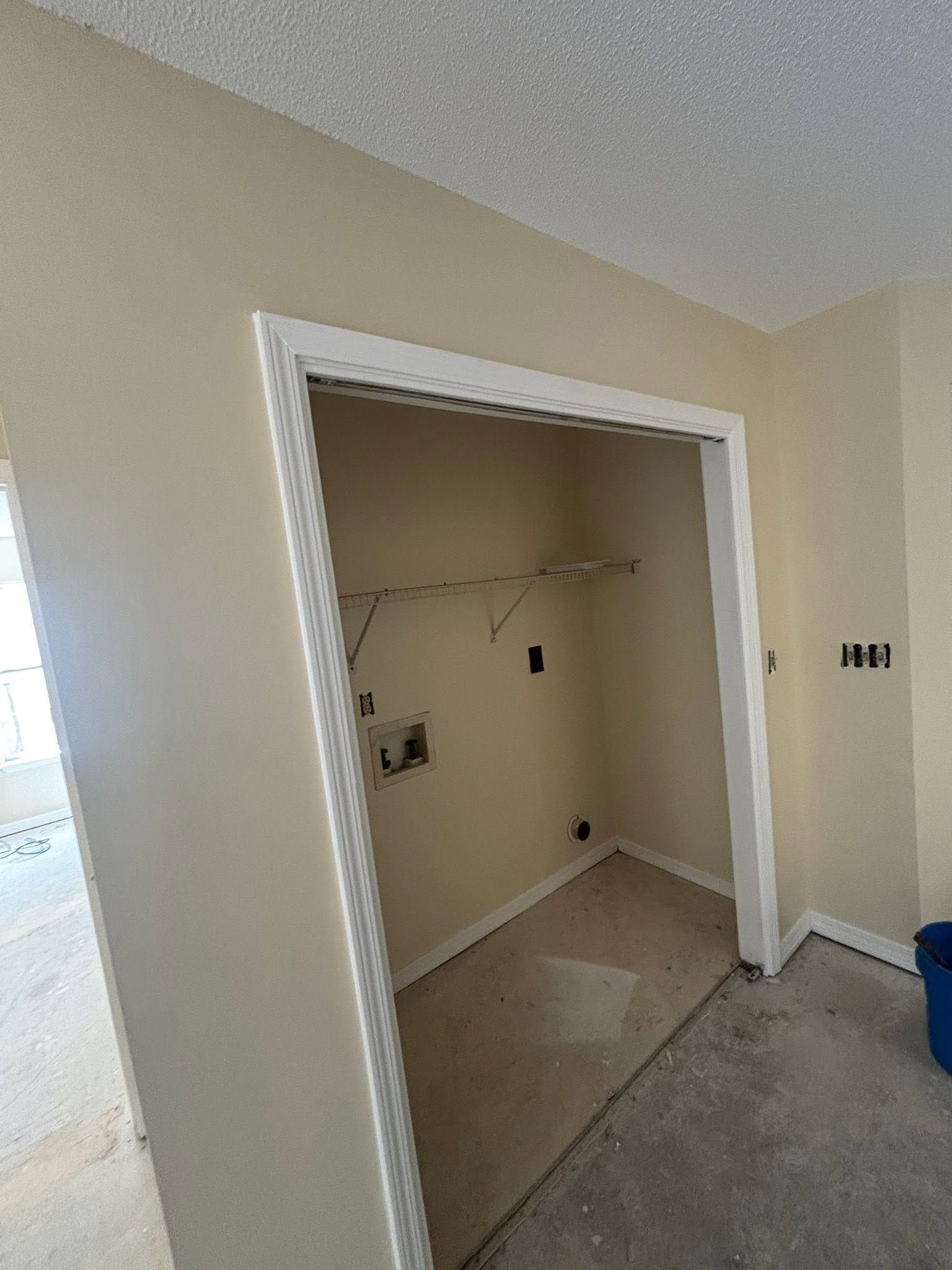 Open closet with beige walls, white trim, and carpeted floor in a room.