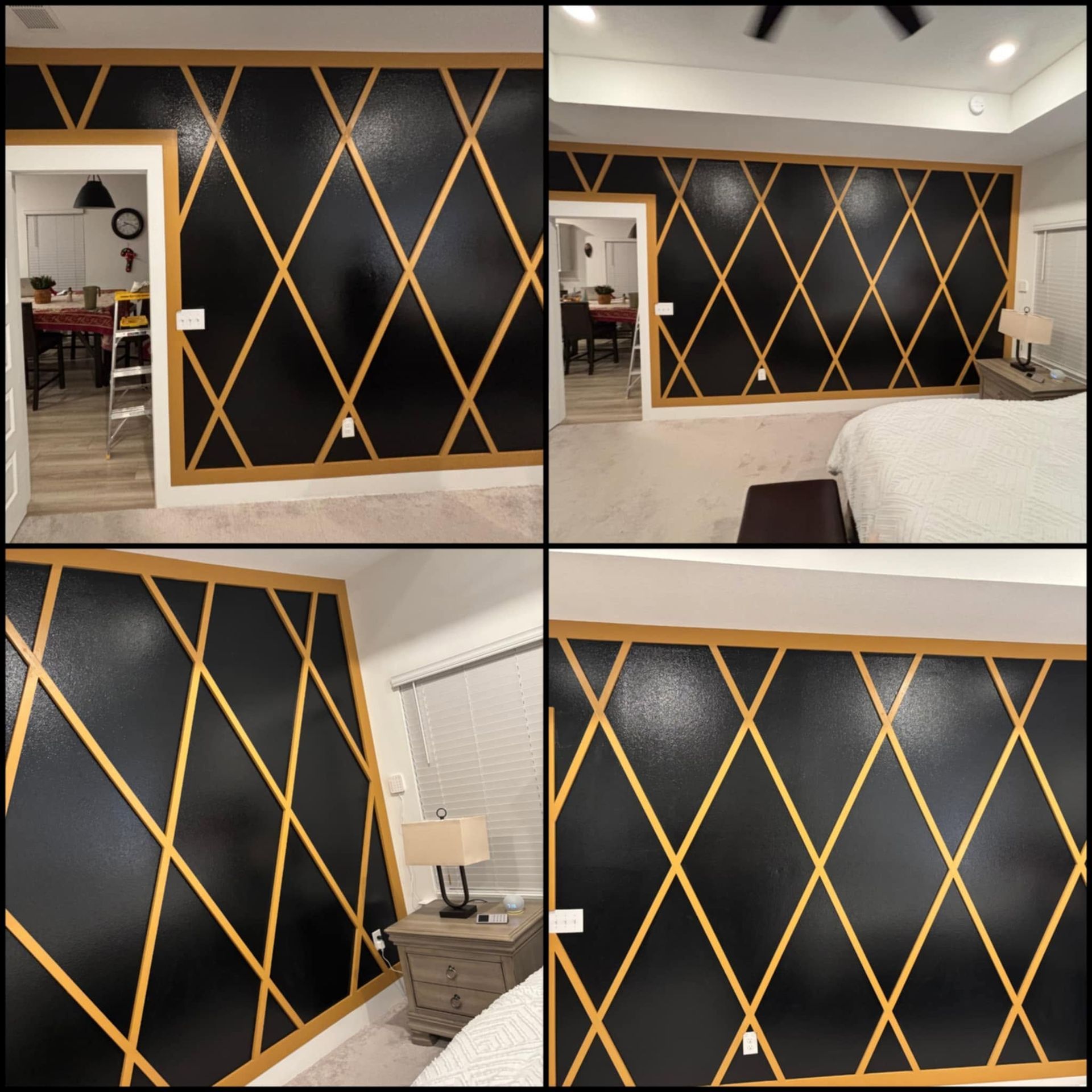 Black wall with gold diagonal lattice trim in a bedroom, shown from four angles.