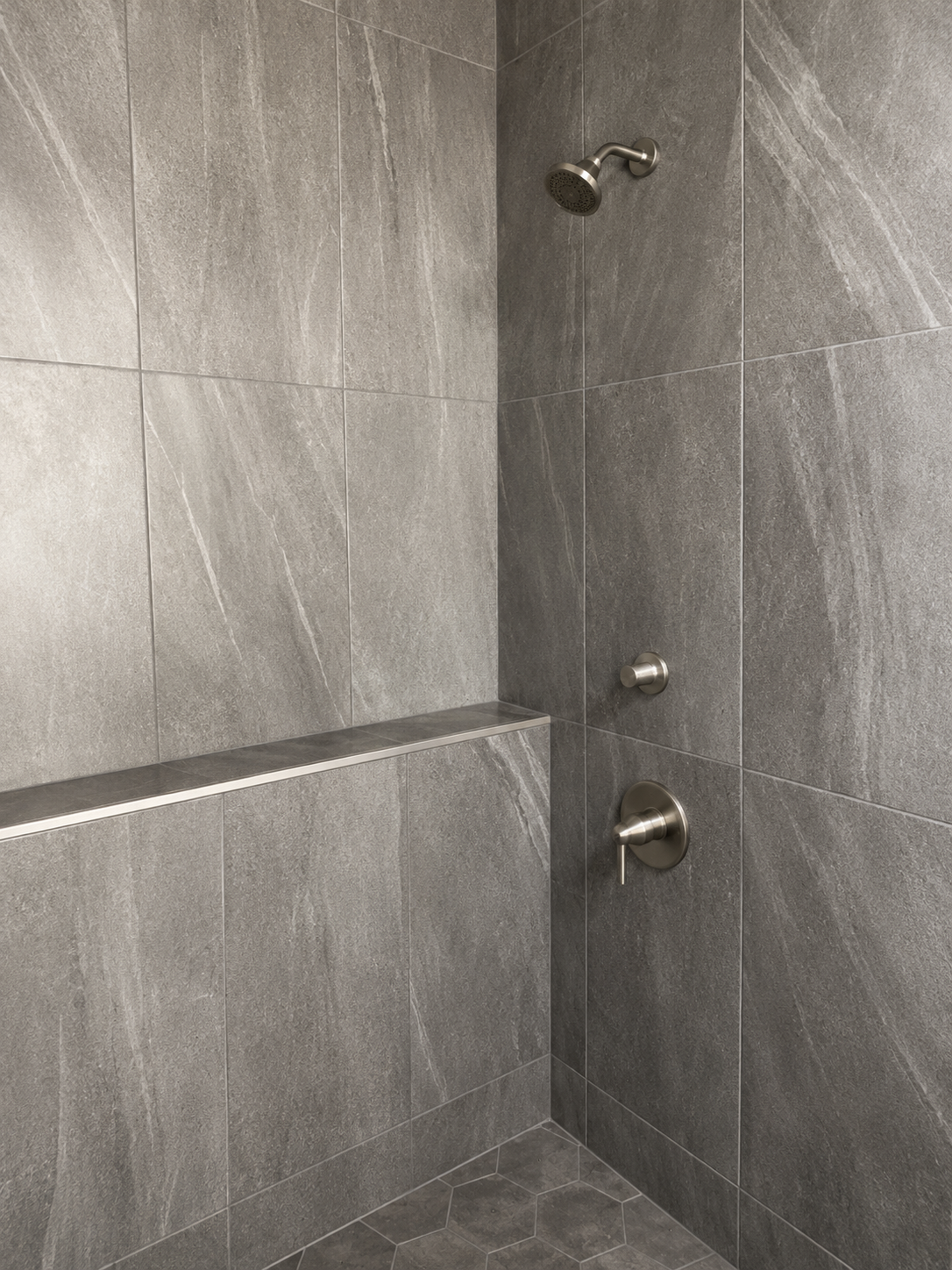 Bright bathroom with vanity, mirror, window, and walk-in shower with seat and grab bars.