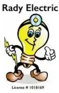 Cartoon light bulb mascot with tools and the text “Rady Electric” and “License # 1018169”