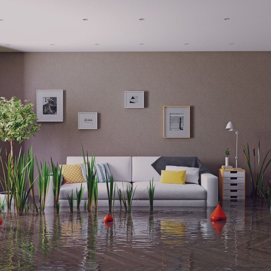 Flooded living room with water damage
