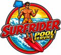 SURF RIDER Pool Service logo with a surfer holding a pool skimmer on a red surfboard