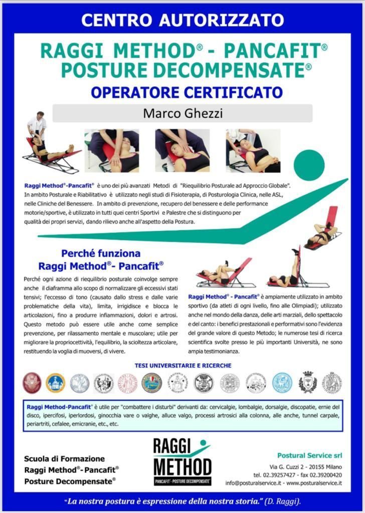 Cartello pubblicitario dei trattamenti Metodo Raggi e Pancafit con l'operatore certificato Marco Ghezzi.